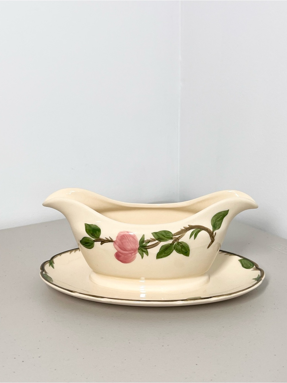 VTG Franciscan Desert Rose Gravy Boat Attached Underplate